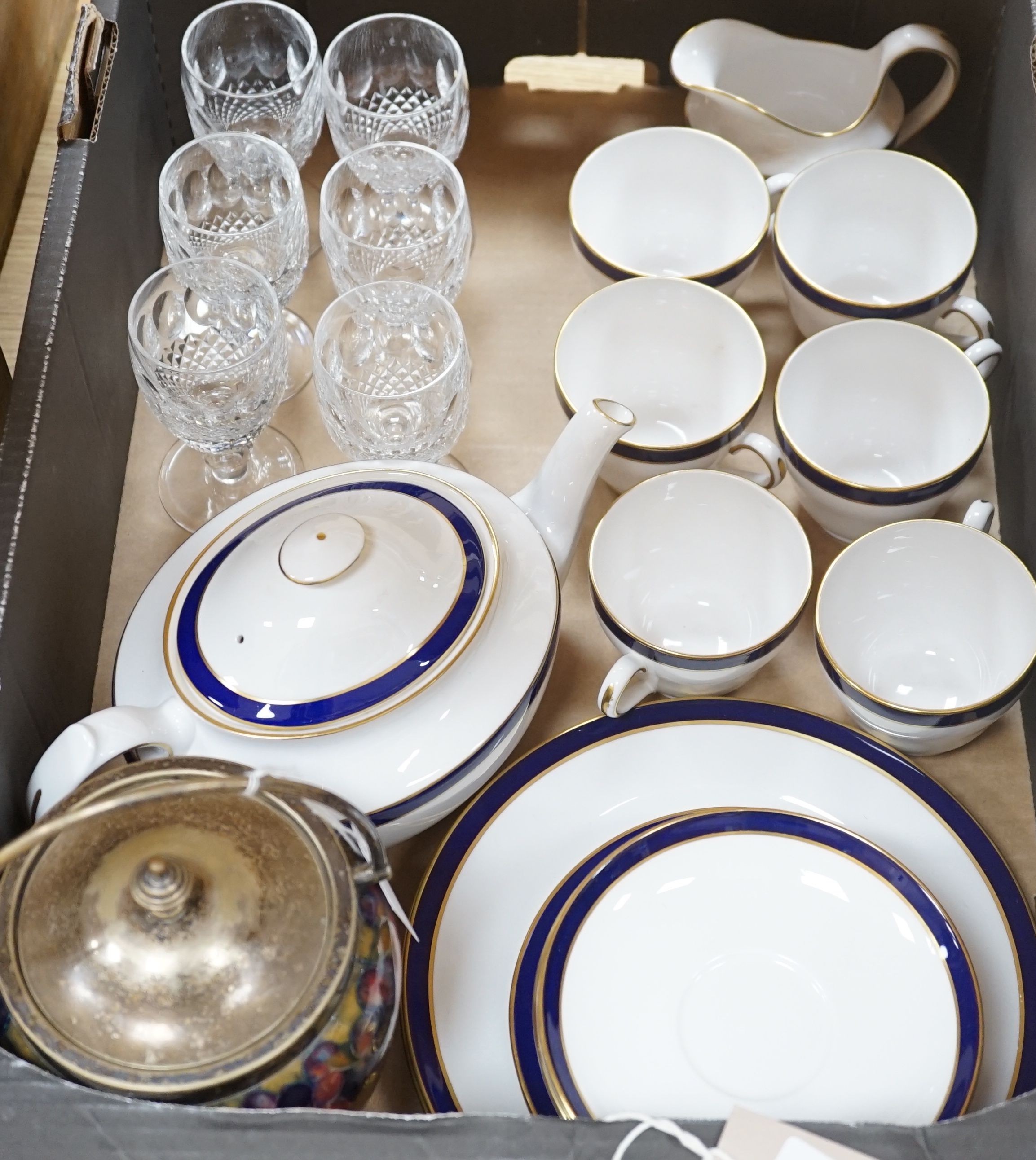 An assortment of ceramics and glassware, to include a part Spode service, Wedgwood, Coalport etc., six Waterford glasses, a Moorcroft jar and cover, and others